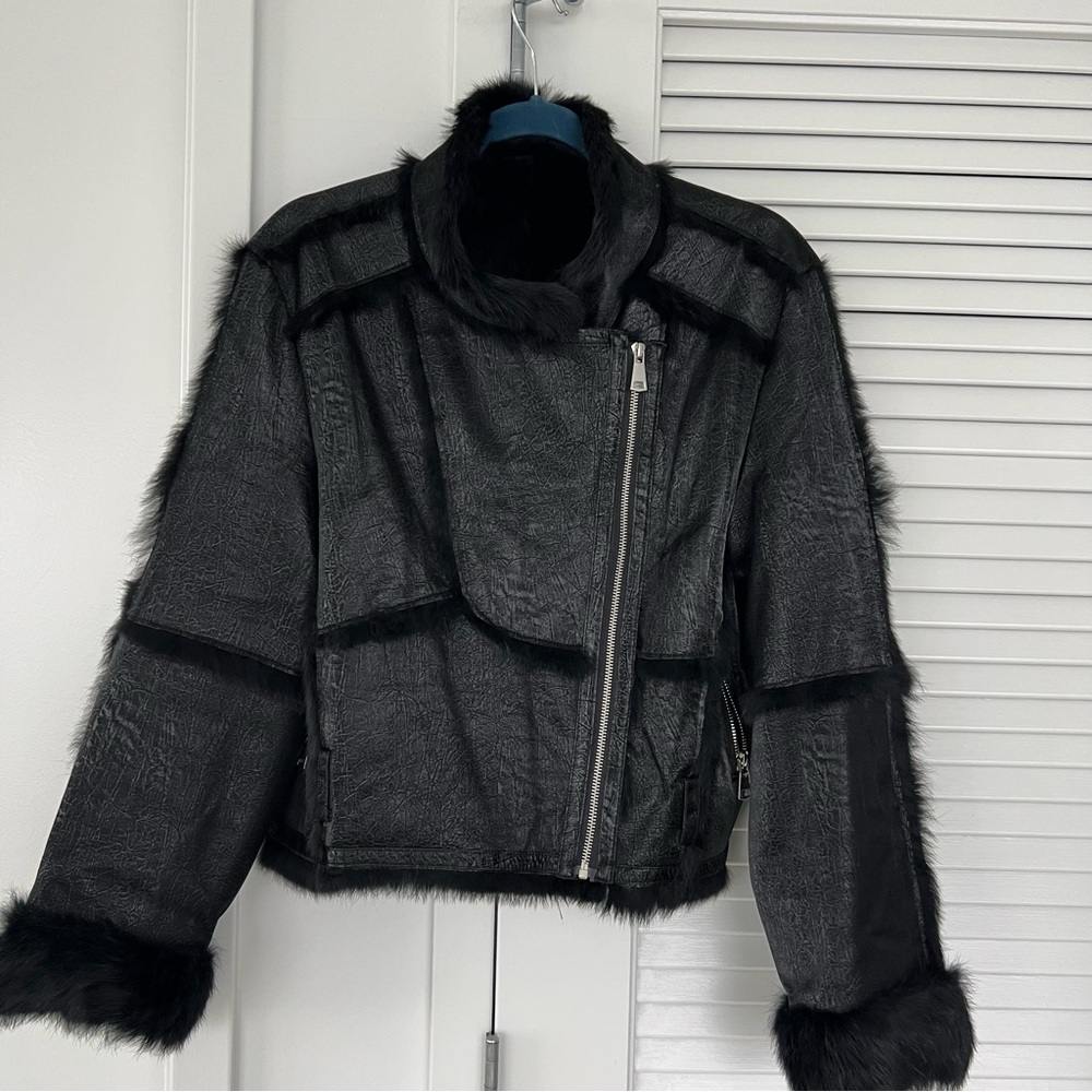Black Rabbit Fur & Leather Women's Jacket